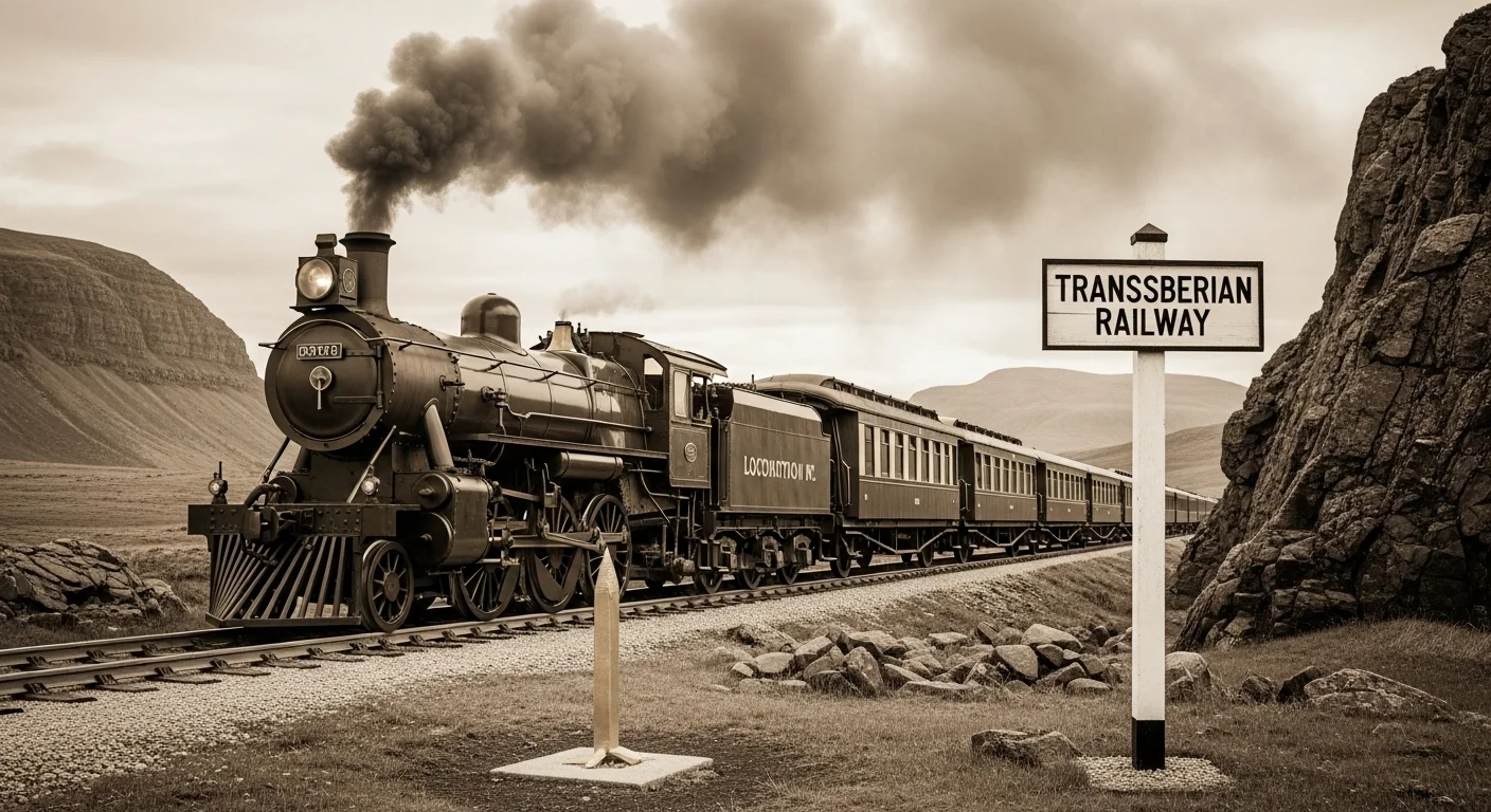 Historic Trans-Siberian Railway locomotive in sepia-toned mountain landscape