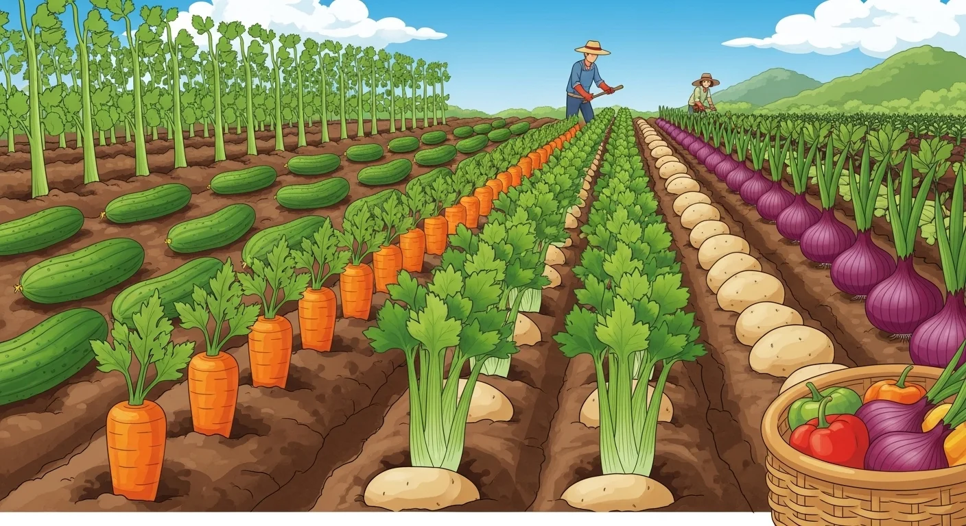 Organic vegetable garden with carrots, cucumbers, potatoes, onions growing