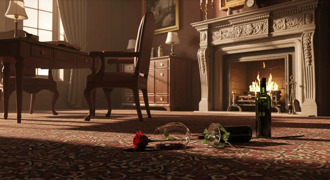 125+ Murder Mystery Riddles with Answers: Challenge Your Detective Skills! 5 Victorian library murder scene with spilled wine and red rose evidence