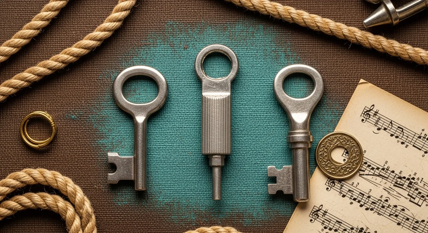 125+ Key Riddles with Answers to Unlock Your Mind 6 Three antique skeleton keys arranged on turquoise fabric with rope, gold ring, and sheet music