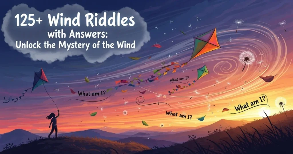 Wind riddles collection with colorful kites flying at sunset