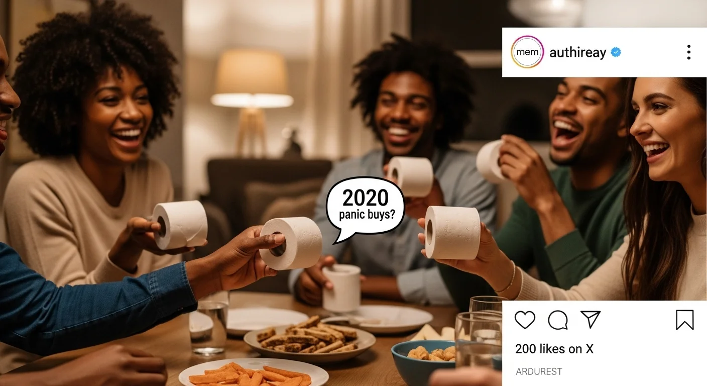Friends laughing with toilet paper rolls referencing 2020 panic buying