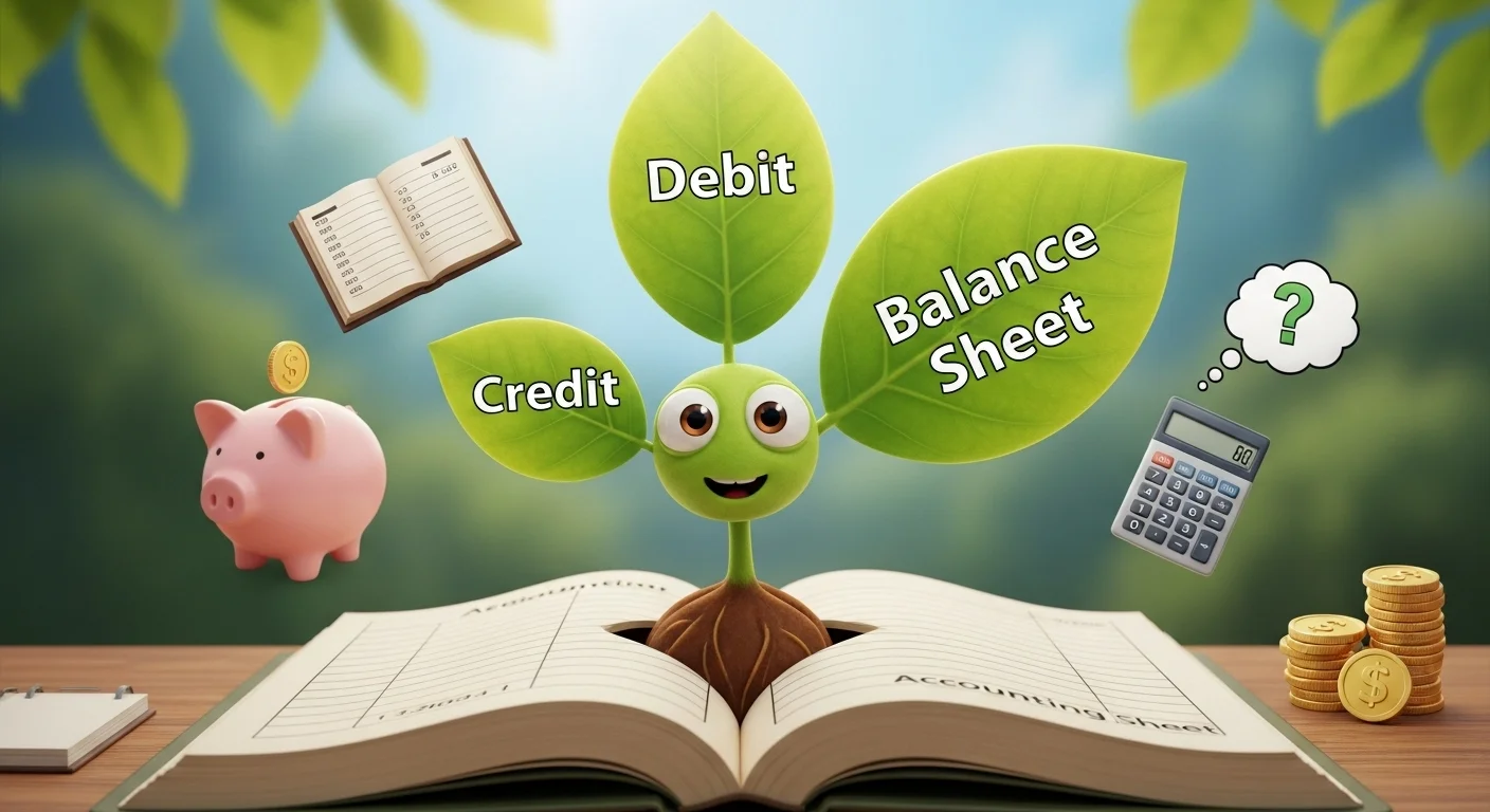Accounting fundamentals showing debit credit balance sheet educational concept