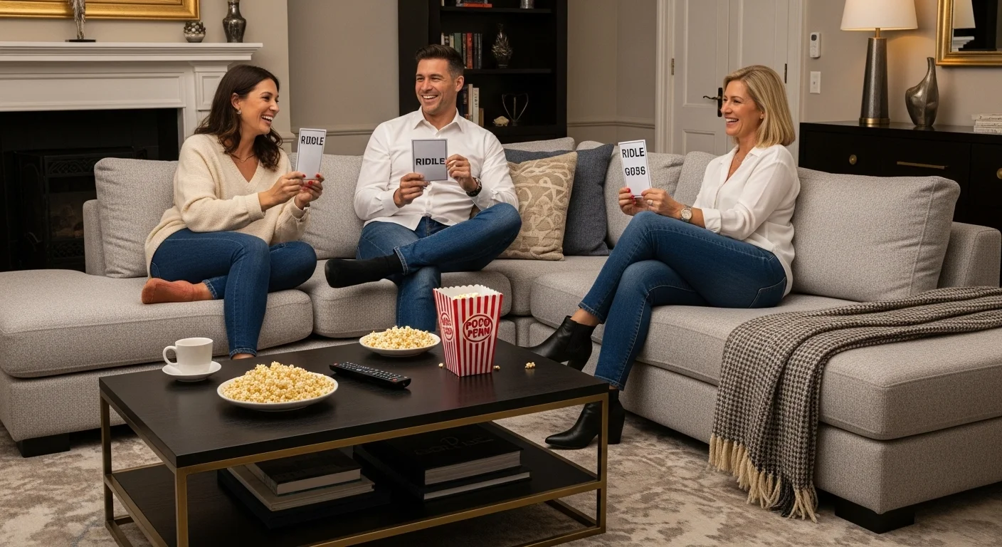 Three adults laughing while playing riddle games on gray sectional