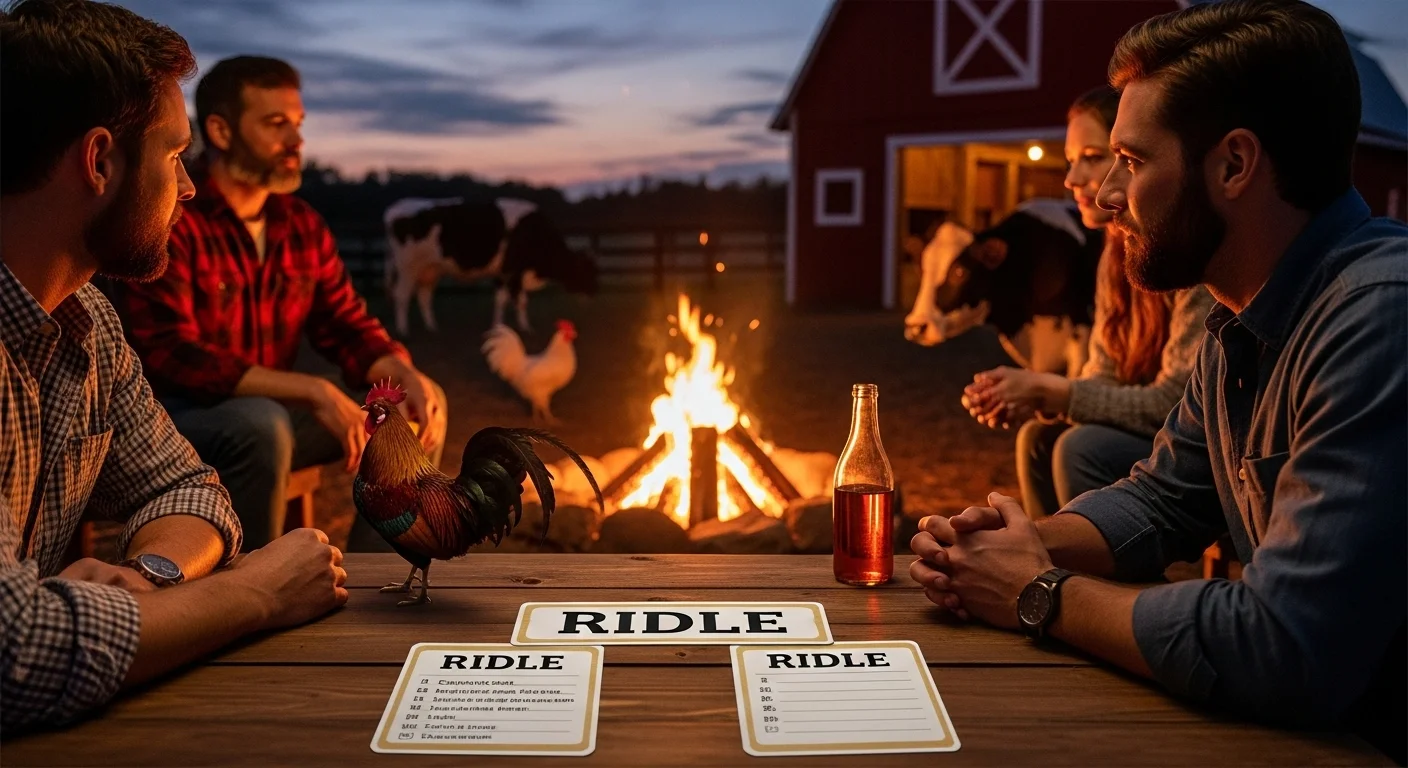 Men solving farm riddles around campfire with rooster at rural evening