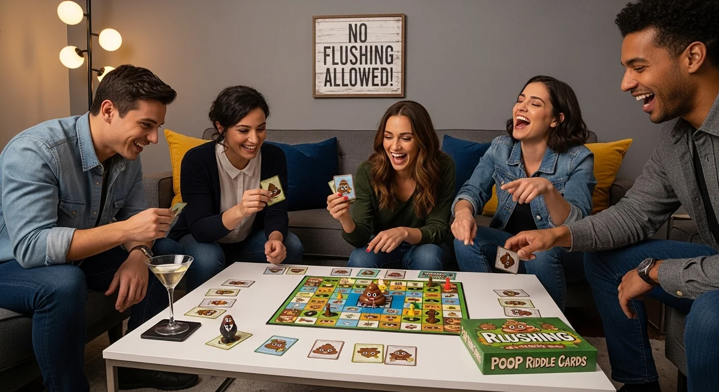 Young adults enjoying poop riddle card game during social gathering