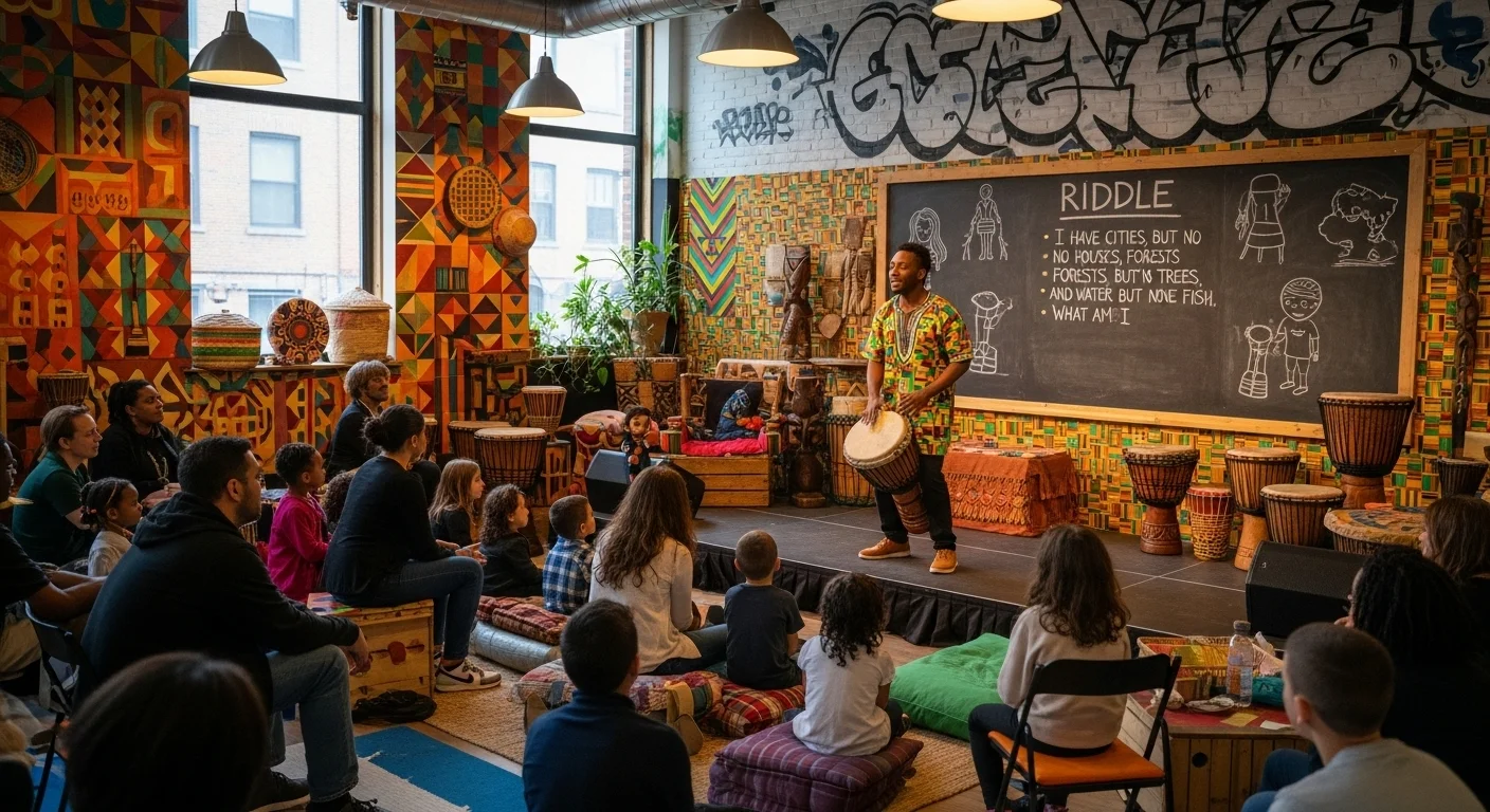 125+ Hood Riddles with Answers: Challenge Your Wit in the Streets 6 African cultural riddle workshop with traditional drums and patterns