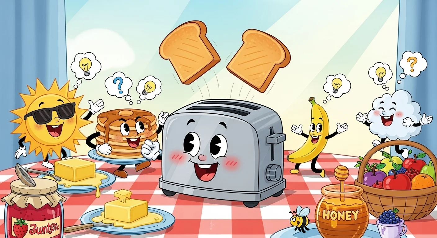 125+ Toaster Riddles with Answers: Funny Brain Teasers for Breakfast Fun 1 Cheerful animated kitchen scene with talking toaster and breakfast items