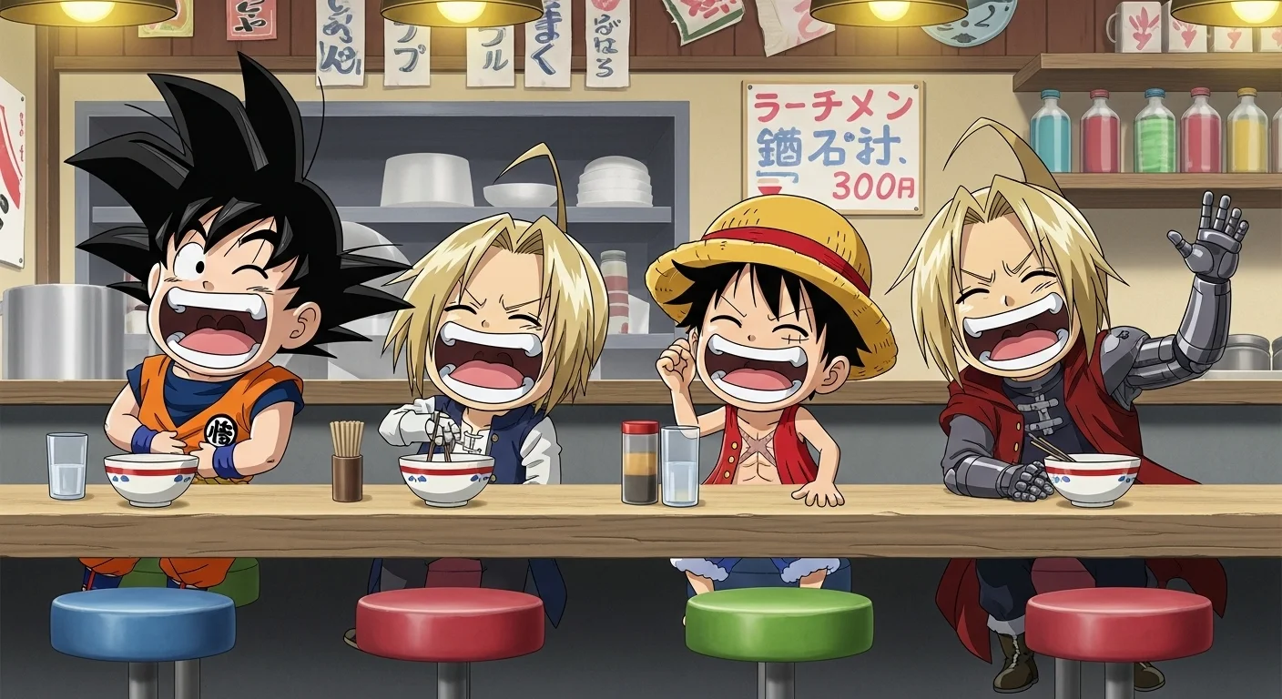 Multiple anime characters enjoying ramen while solving group riddles