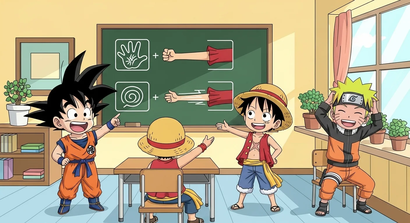Goku Luffy Naruto solving math riddles in anime classroom setting