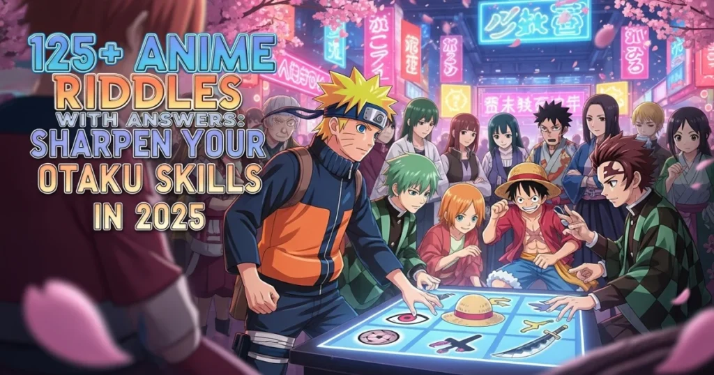 Anime characters solving riddles and puzzles in Japanese street scene