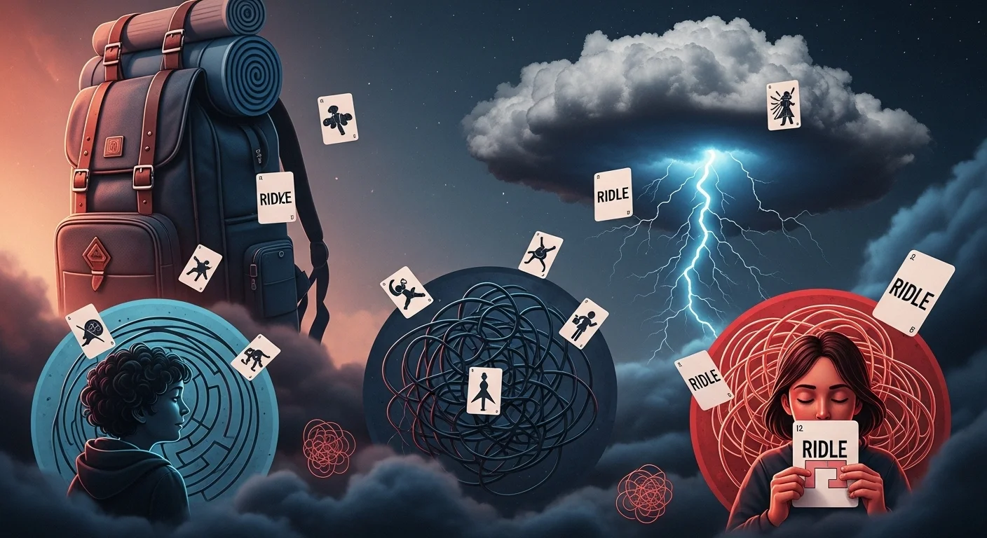 Surreal landscape with backpack, brain, and riddle cards floating in sky