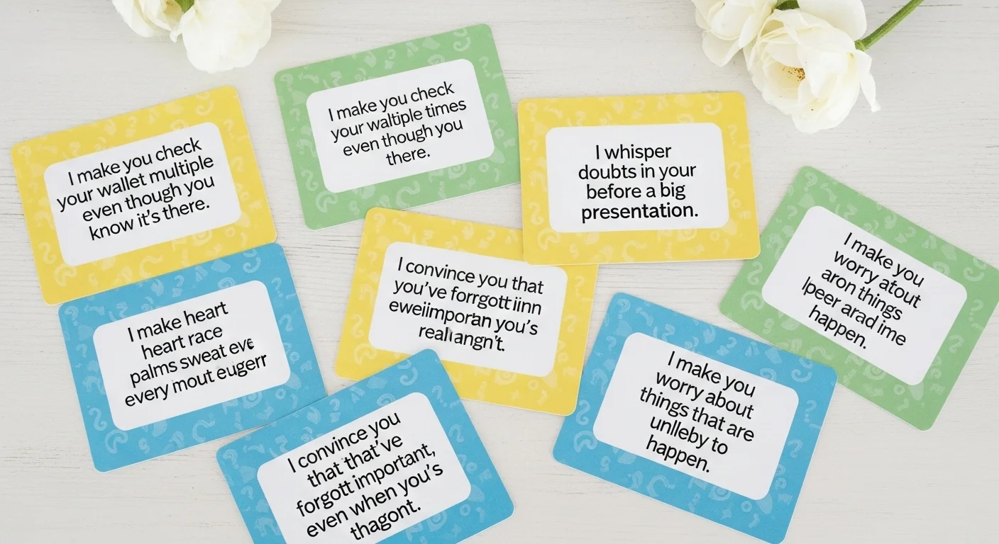 Colorful cards displaying various anxiety symptoms and triggers spread out