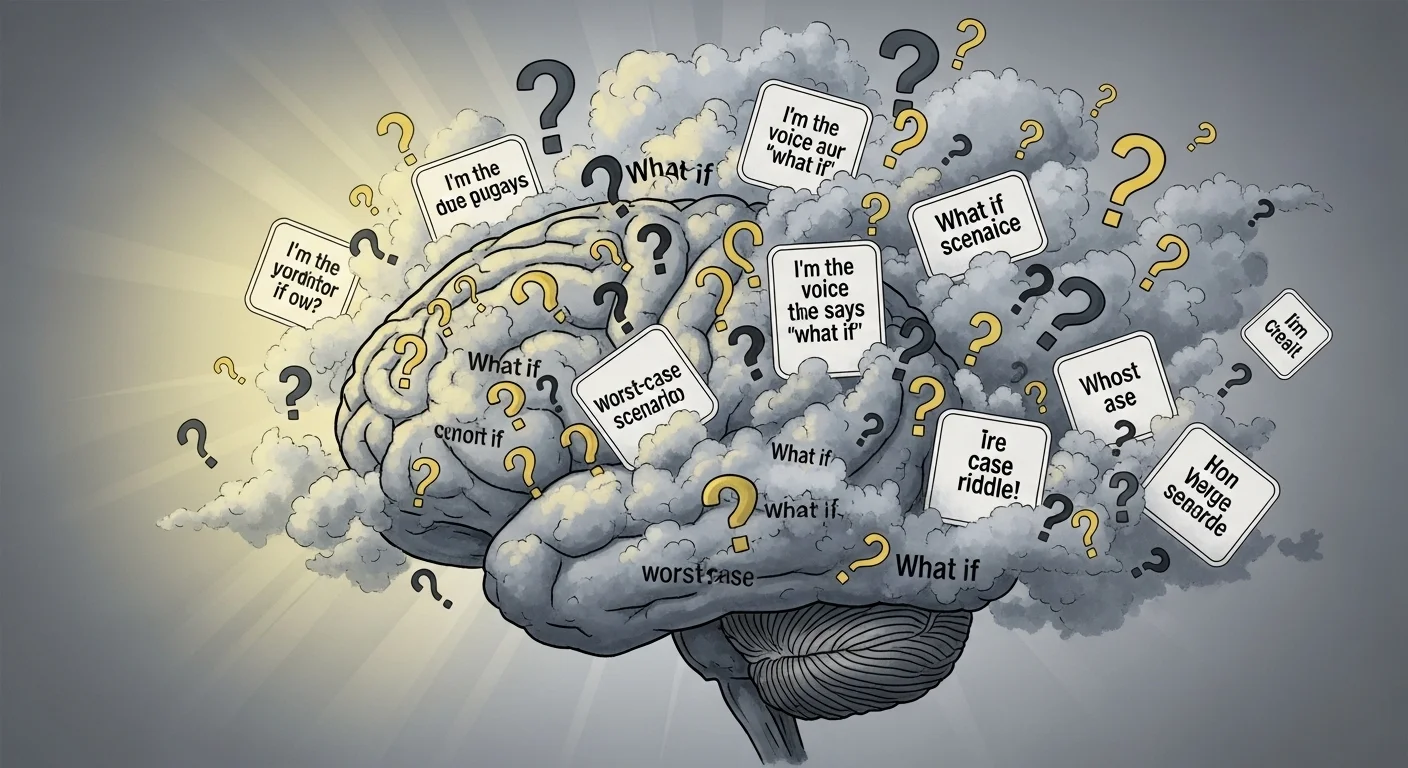 Brain surrounded by anxious thoughts and what-if scenarios in clouds