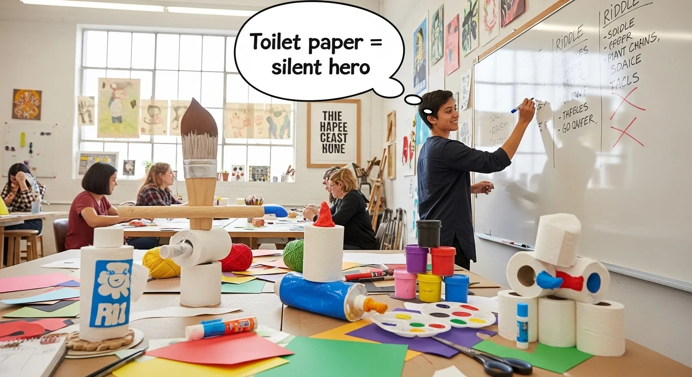 Art teacher using toilet paper in creative classroom learning activity