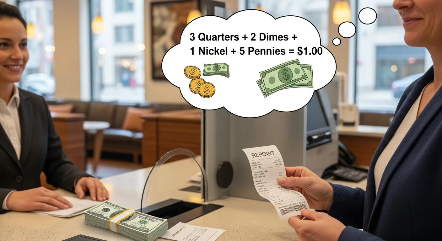 Bank teller transaction with receipt showing financial calculation
