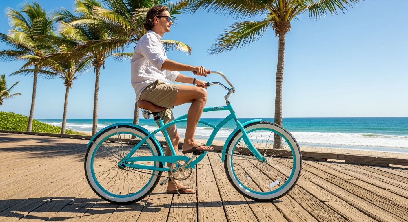 125+ Bicycle Riddles with Answers: A Fun Ride for All Ages 14 Man riding turquoise beach cruiser bike on tropical beach boardwalk