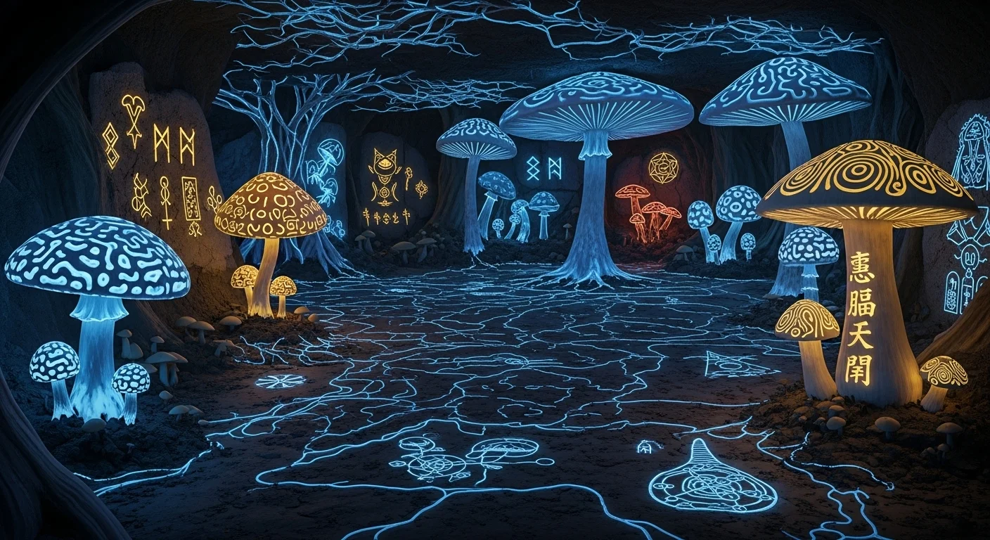 125+ Mushroom Riddles with Answers: Fun Brain Teasers for Kids and Adults 4 Glowing mushrooms in underground cave with ancient runes