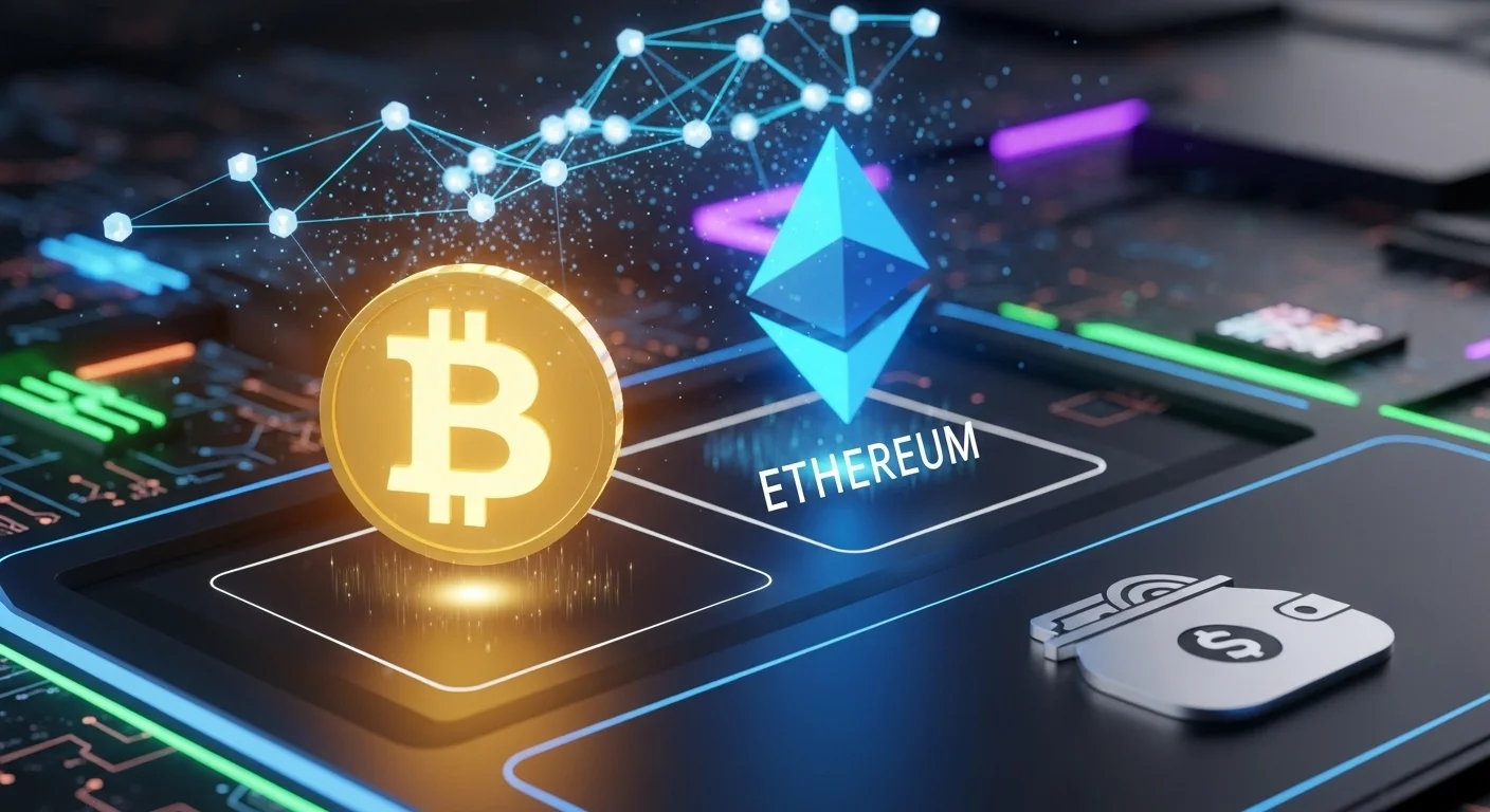 Bitcoin and Ethereum cryptocurrency symbols with digital network