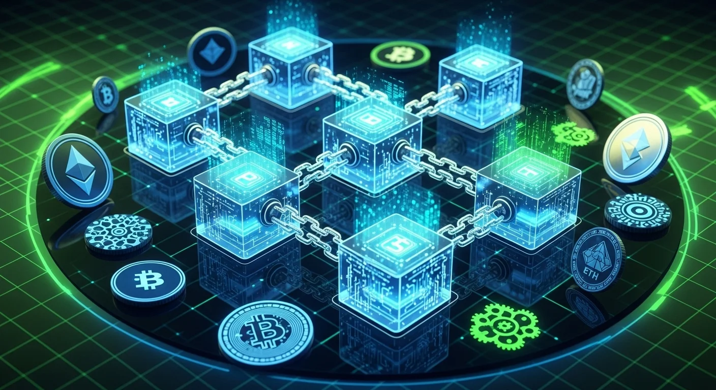 Blockchain network with cryptocurrency symbols and connected data blocks
