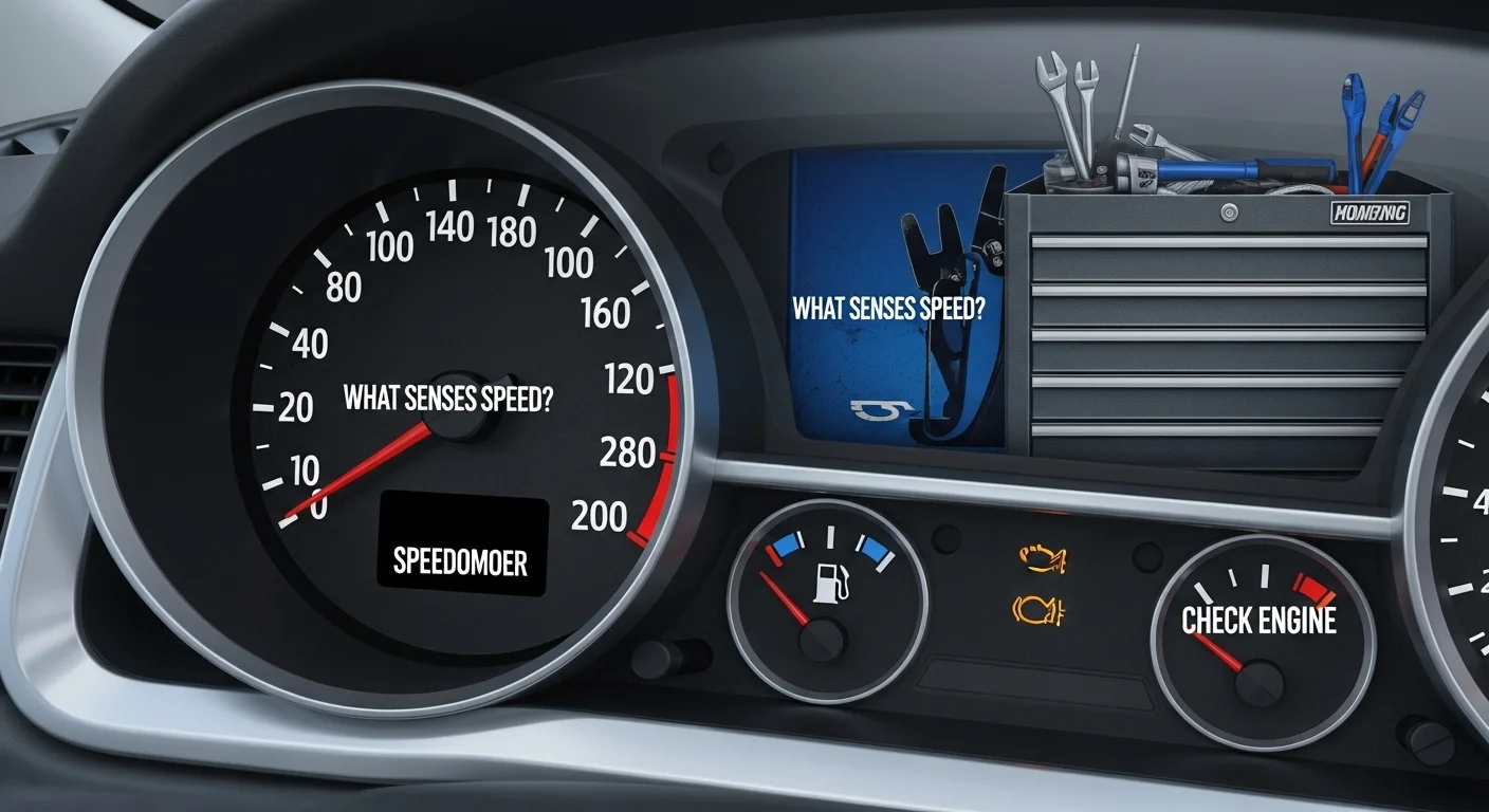 Car dashboard speedometer with riddle about what senses vehicle speed