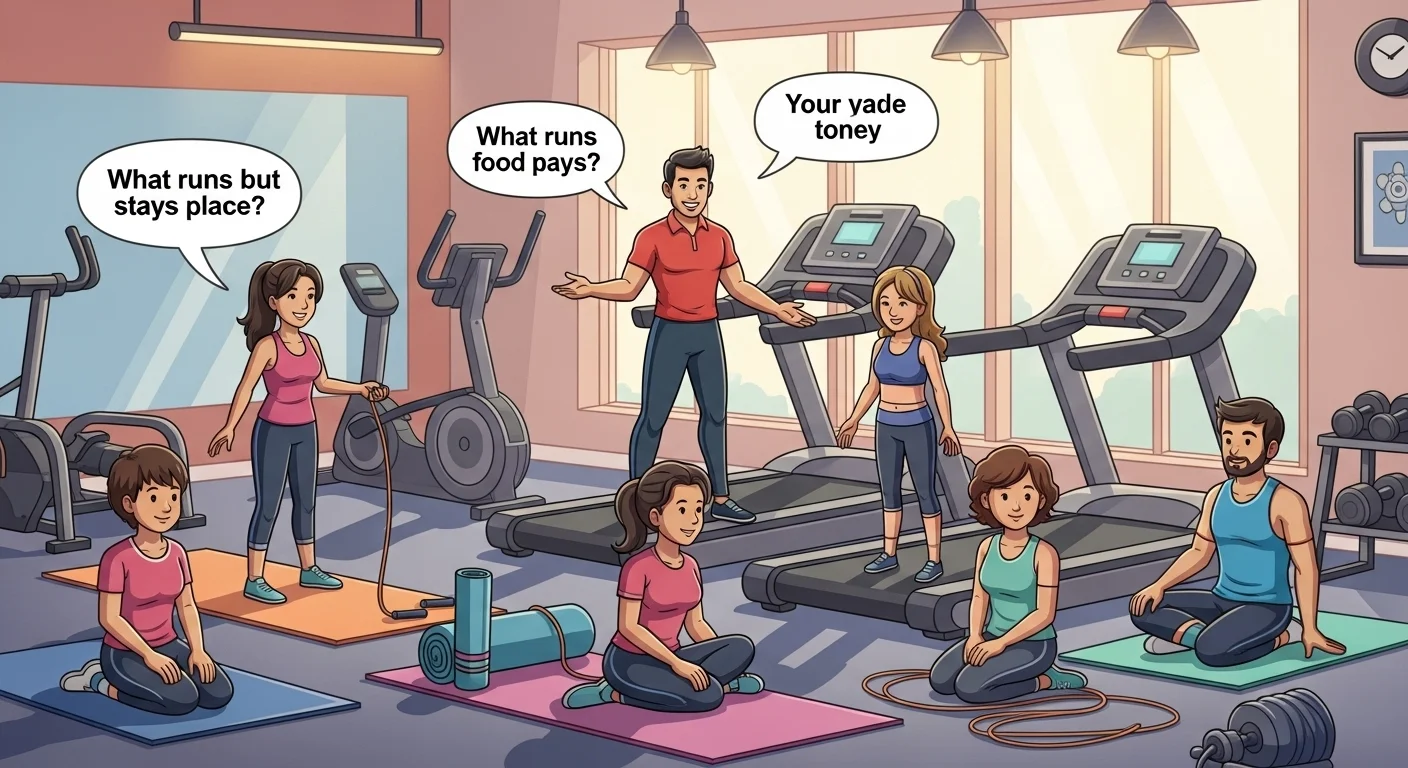 Cartoon gym scene with fitness riddles and workout equipment humor