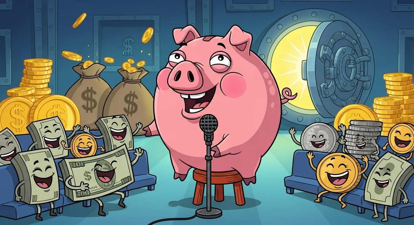 Cartoon piggy bank performing comedy in bank vault setting
