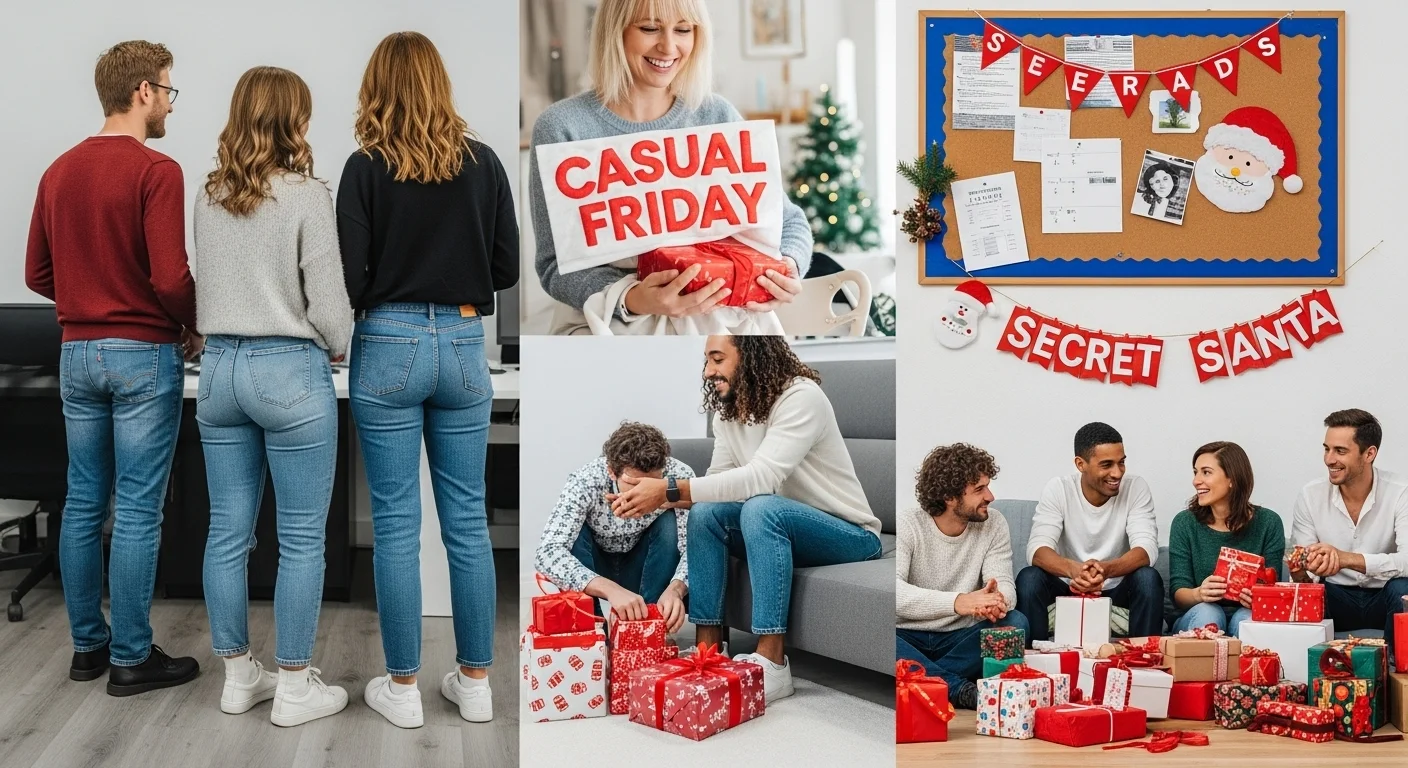 Office workers in casual Friday attire exchanging Christmas gifts