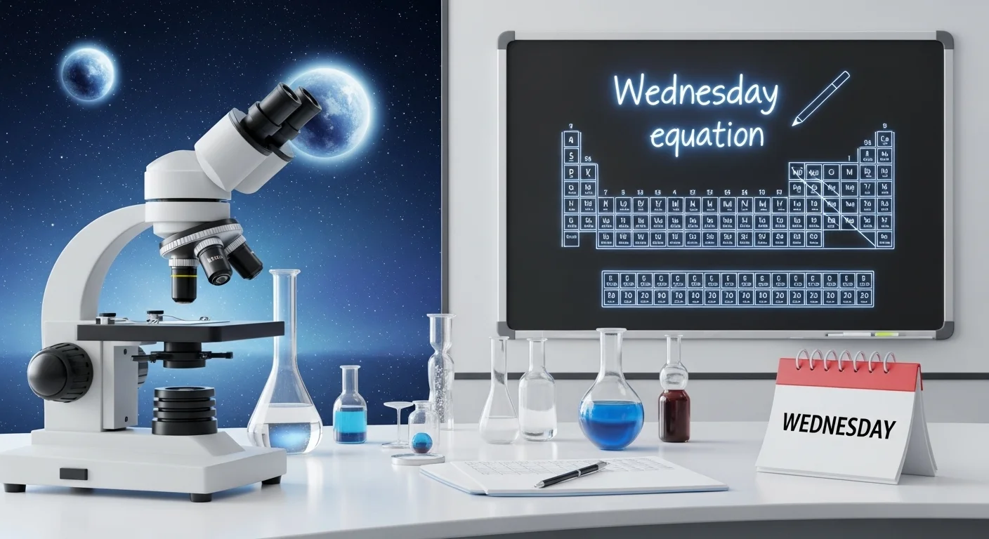 Chemistry lab setup with microscope and periodic table display