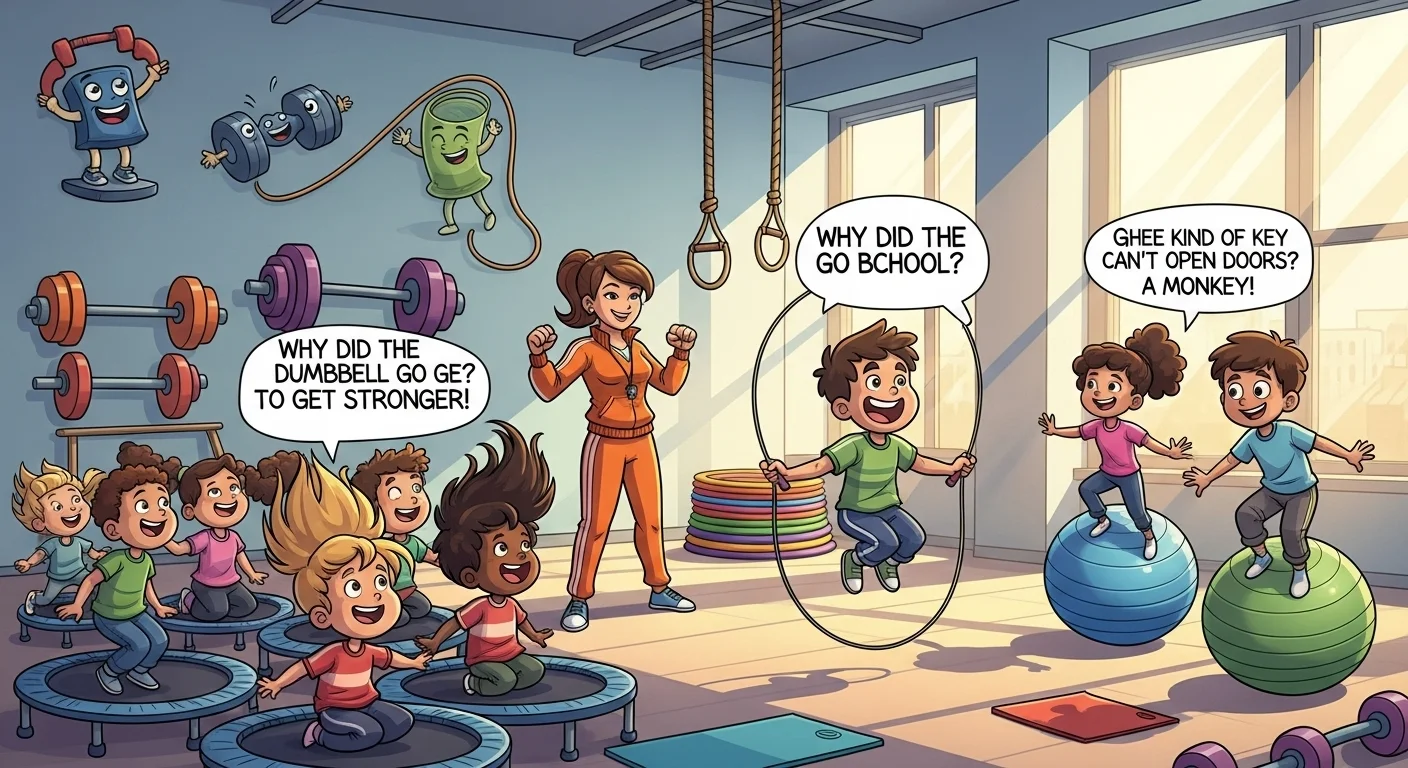 Kids doing gym exercises with fitness riddles and equipment cartoon