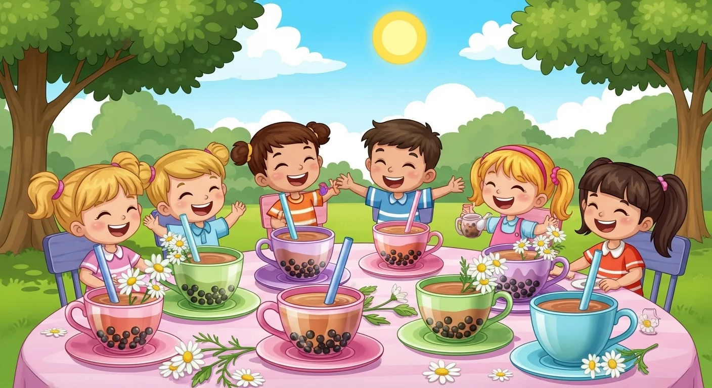 Happy children enjoying tea party with bubble tea and riddle games