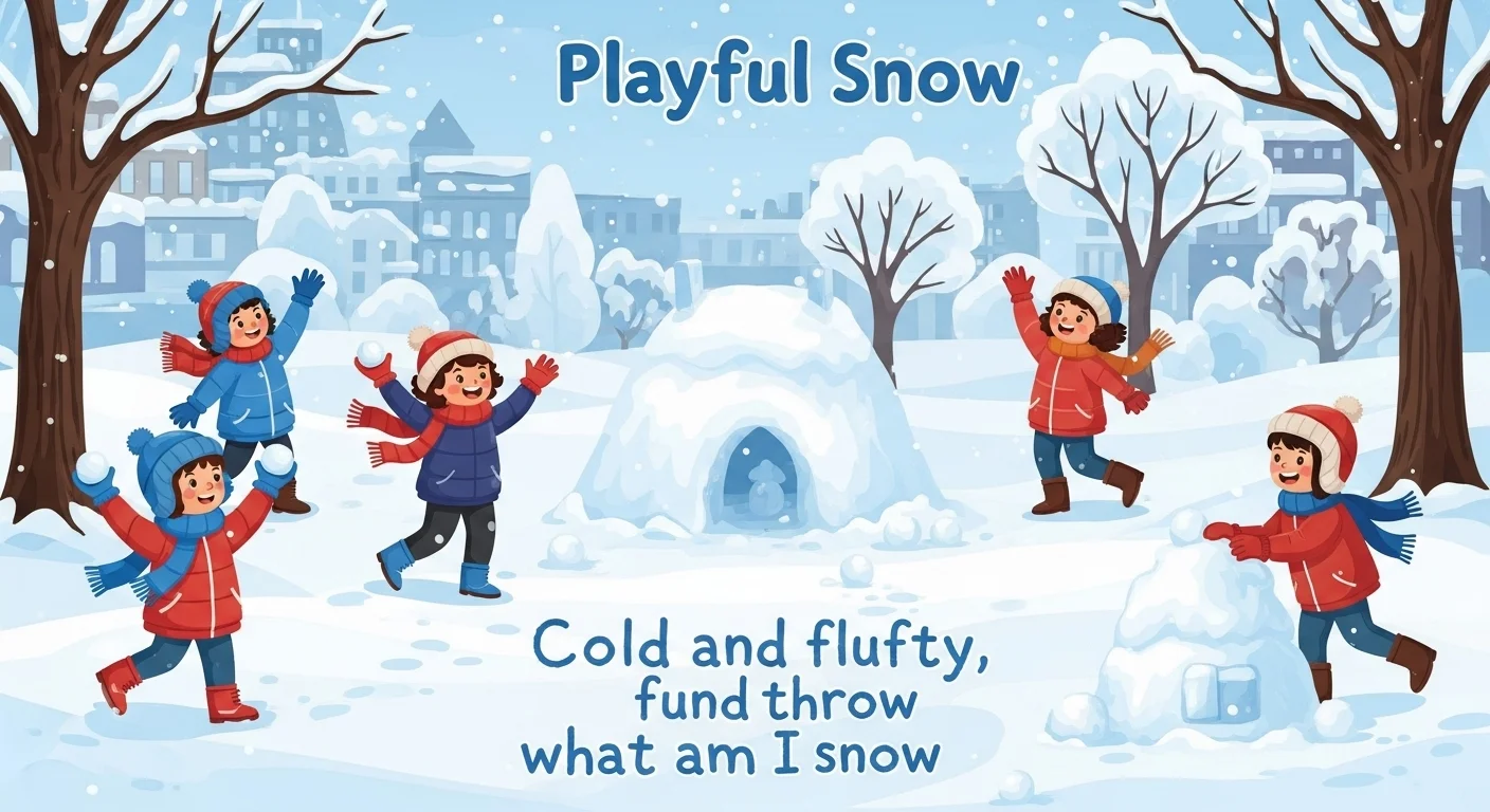 Children playing in snow with winter riddles and snow fort