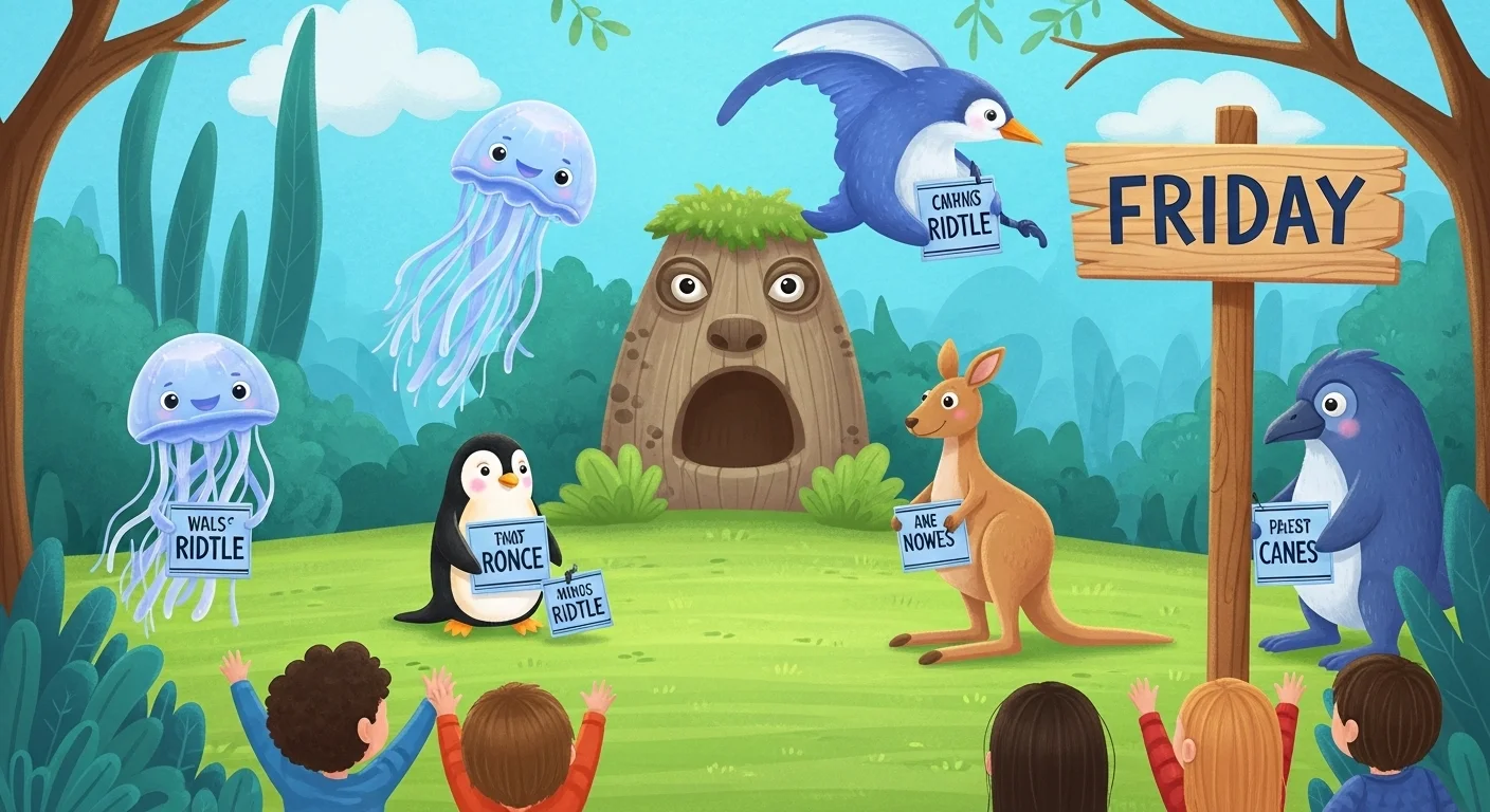 125+ Friday Riddles with Answers to Brighten Your Week 10 Children enjoying Friday riddle game with cartoon animals outdoors