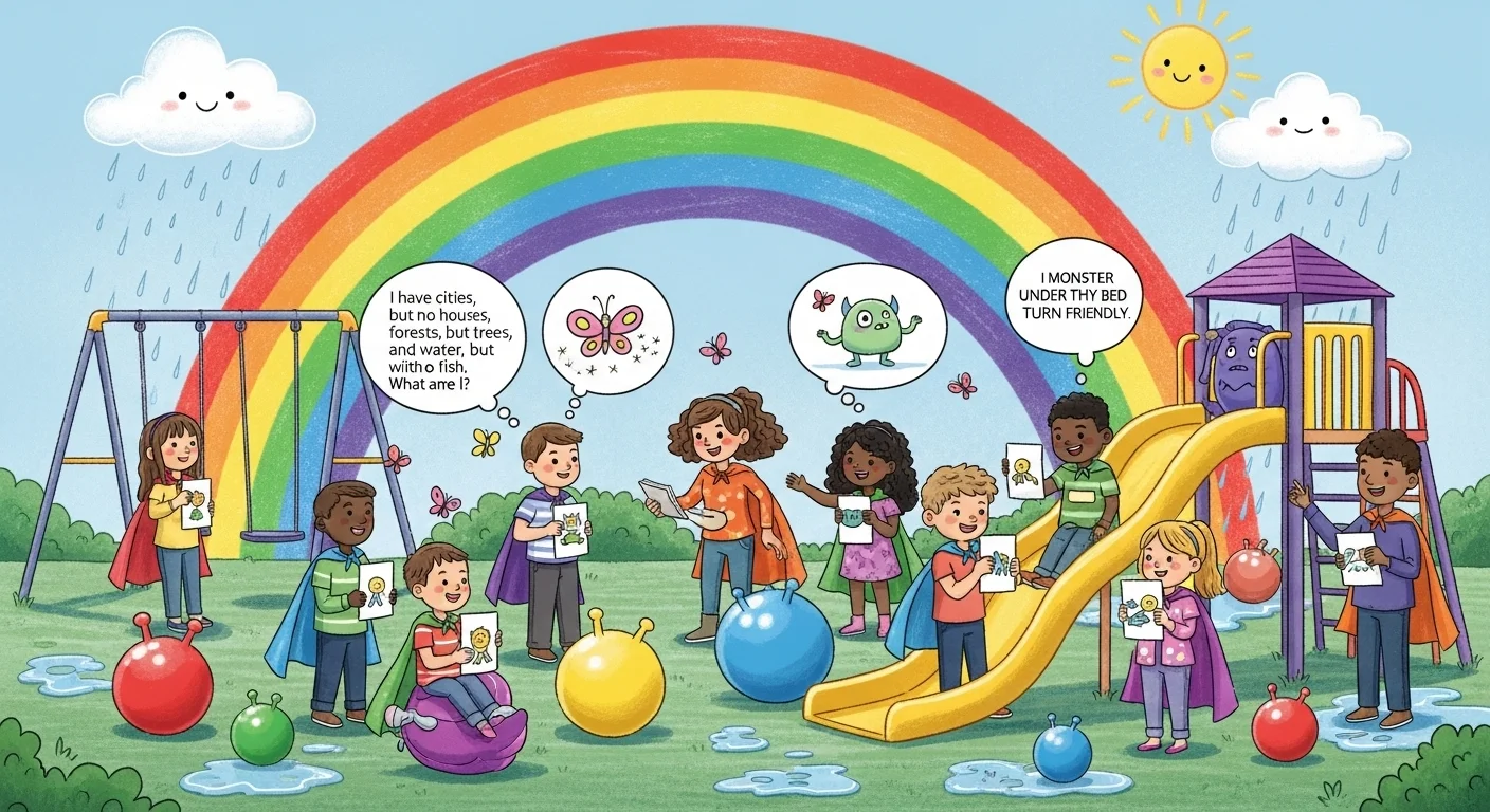 Children solving mental health riddles at playground with rainbow background