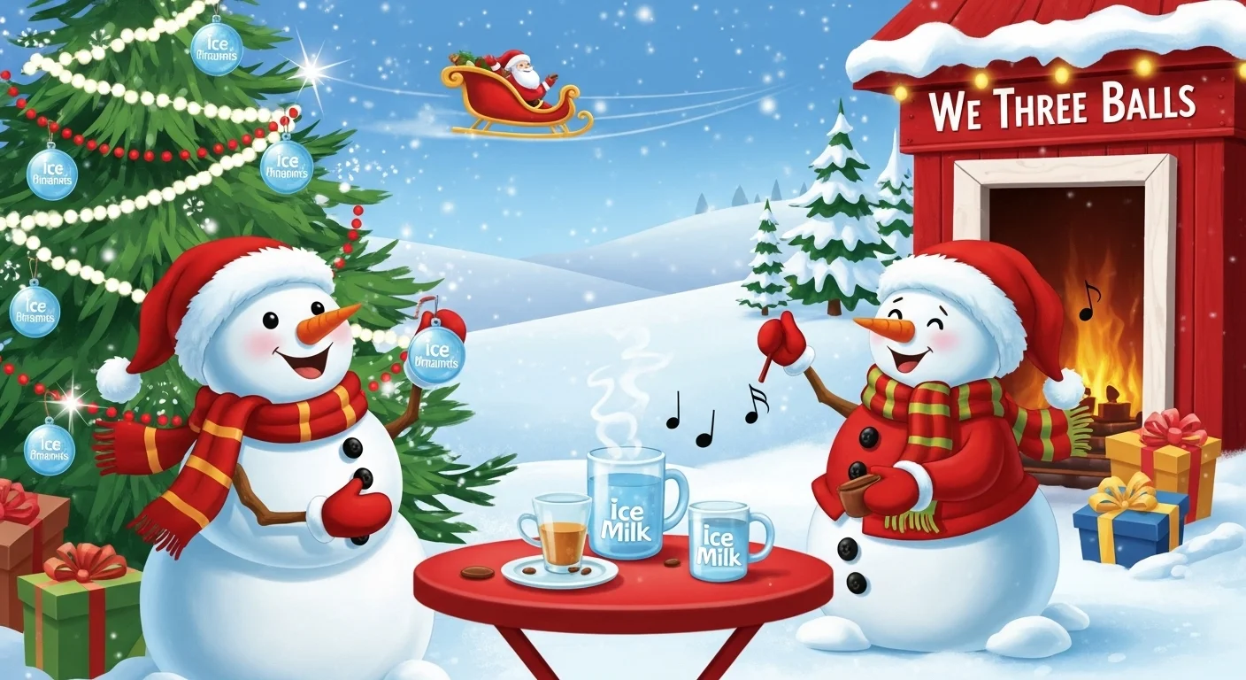 Two snowmen celebrating Christmas with music and winter riddles