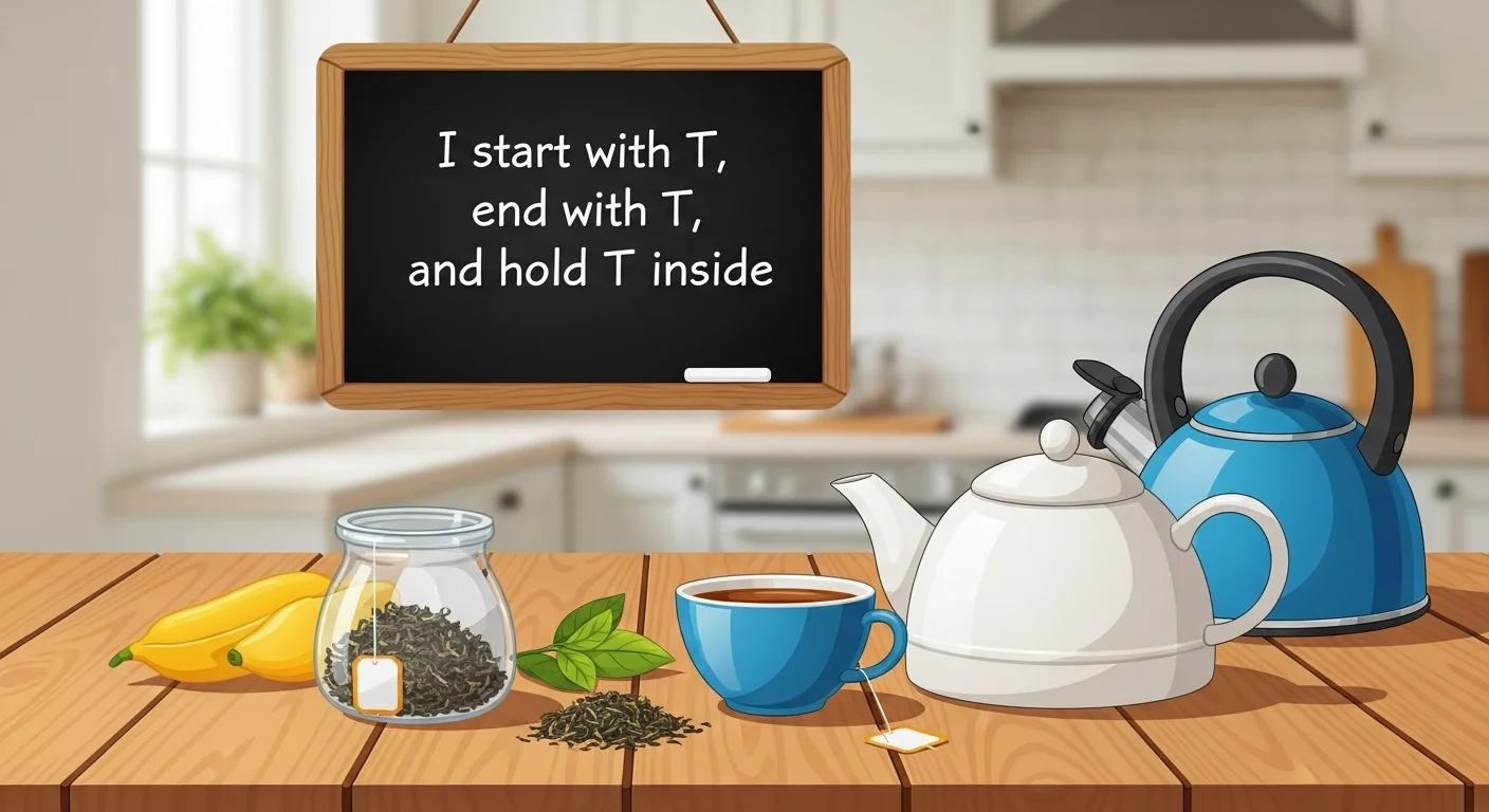 Kitchen tea riddle with teapot and chalkboard showing puzzle clues