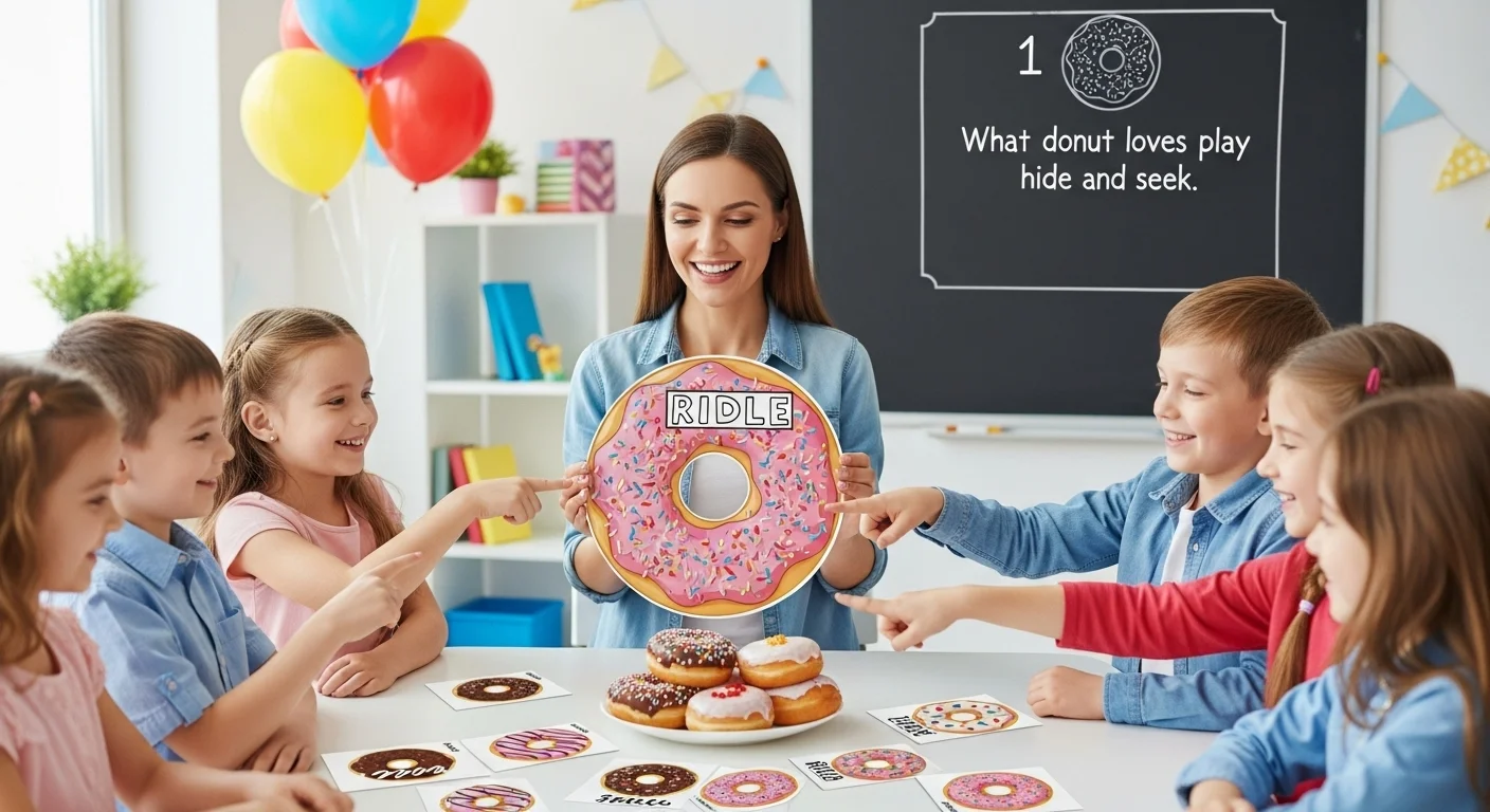 125+ Donut Riddles with Answers: Sweet Brain Teasers for All Ages 1 Teacher leading donut riddles game with children in colorful classroom