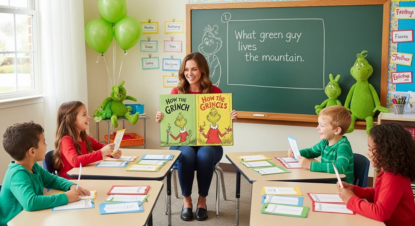 125+ Grinch Riddles with Answers: Festive Brain Teasers for Holiday Fun 1 Teacher presenting Grinch riddles to elementary students in festive classroom setting