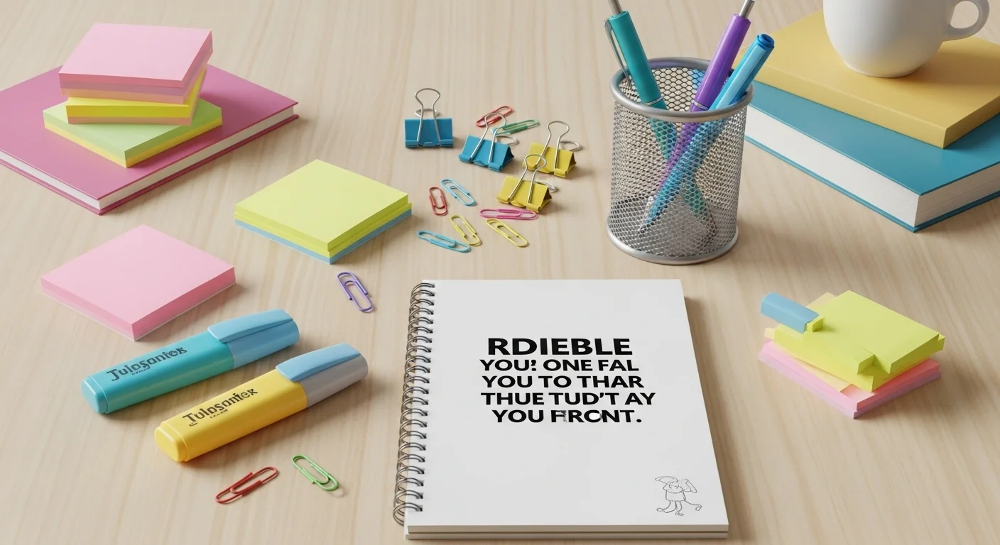 Colorful office supplies including sticky notes, pens, and desk organizers
