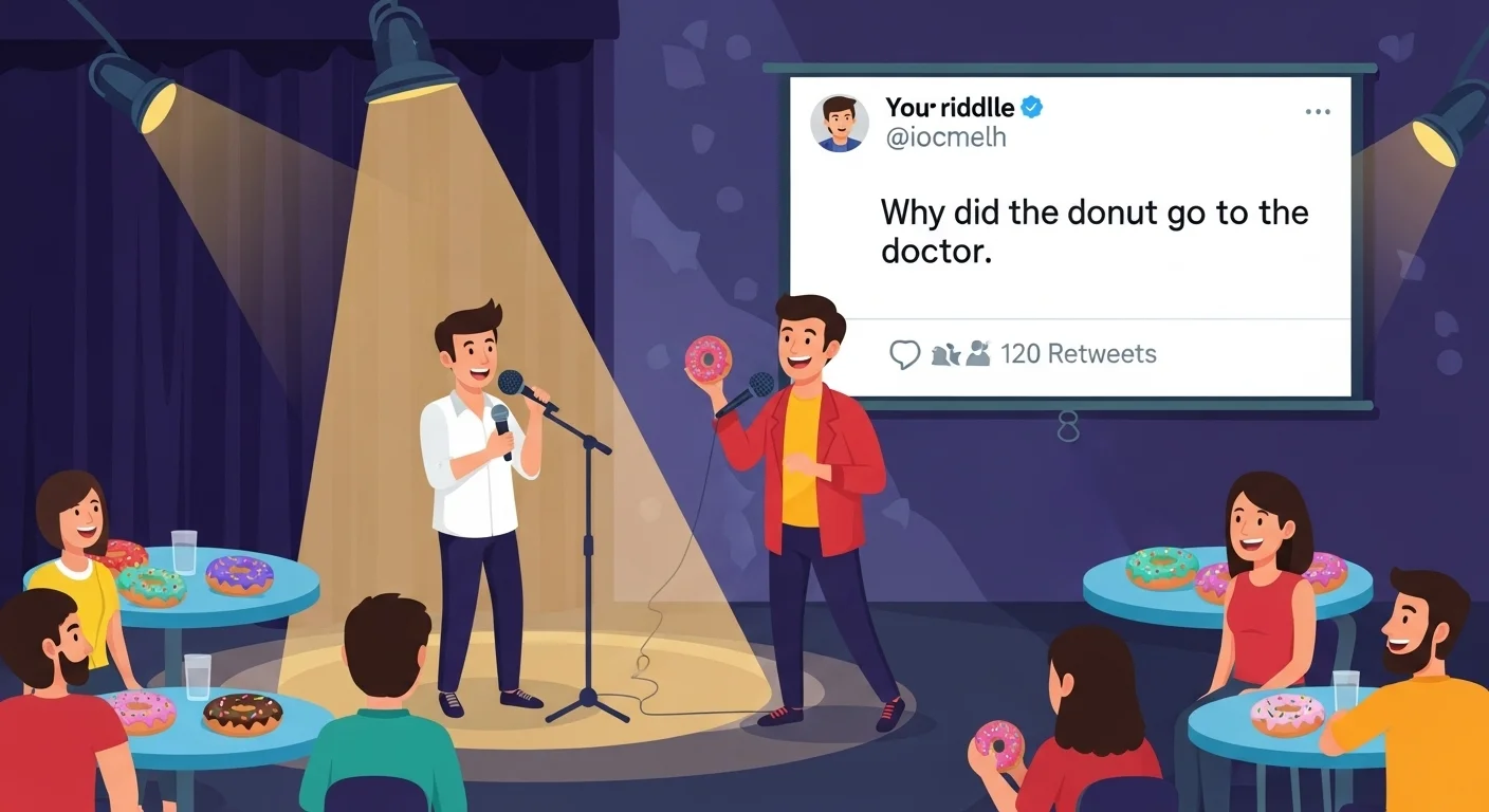 125+ Donut Riddles with Answers: Sweet Brain Teasers for All Ages 3 Comedians performing donut riddles at comedy club with audience