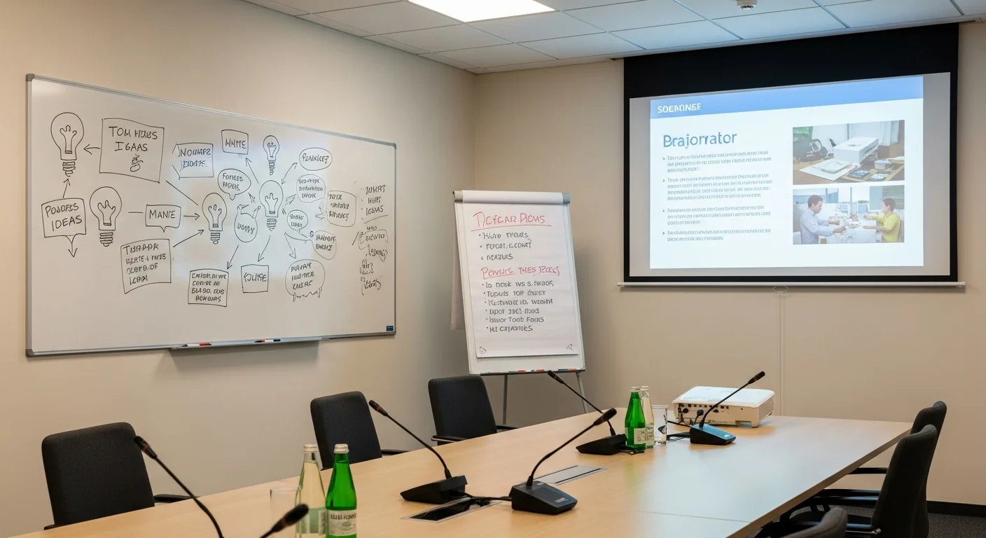 Conference room with whiteboard brainstorming session and strategic planning