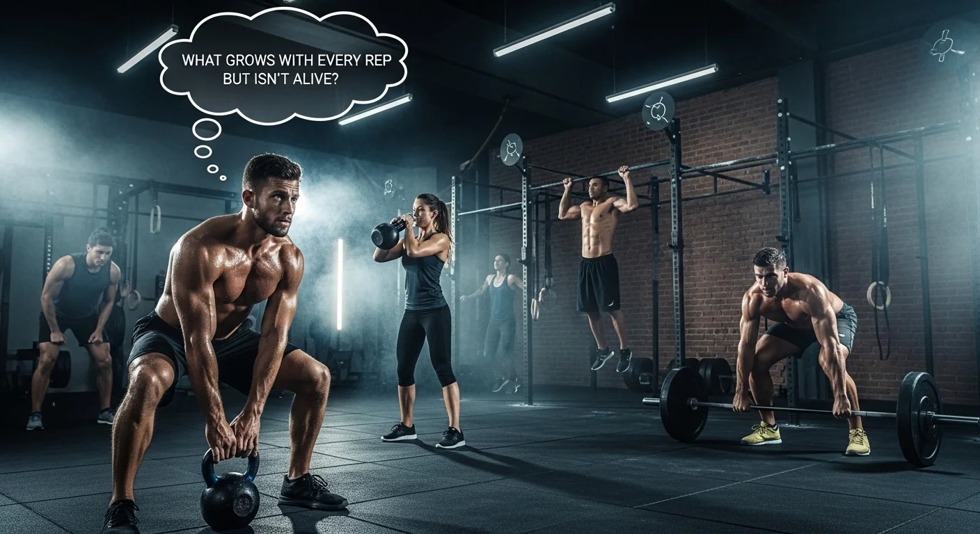 Intense CrossFit workout scene with fitness riddle about growth and reps