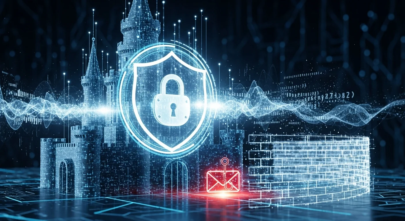 Digital castle fortress with cybersecurity shields and data protection