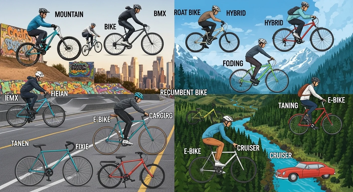 125+ Bicycle Riddles with Answers: A Fun Ride for All Ages 2 Various bicycle types including mountain, BMX, road, and hybrid bikes