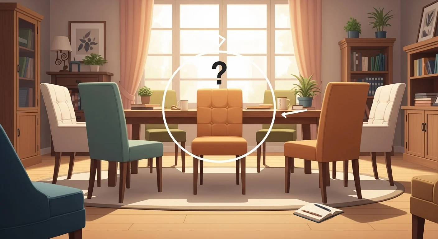 Empty dining room chairs with question mark highlighting missing seat