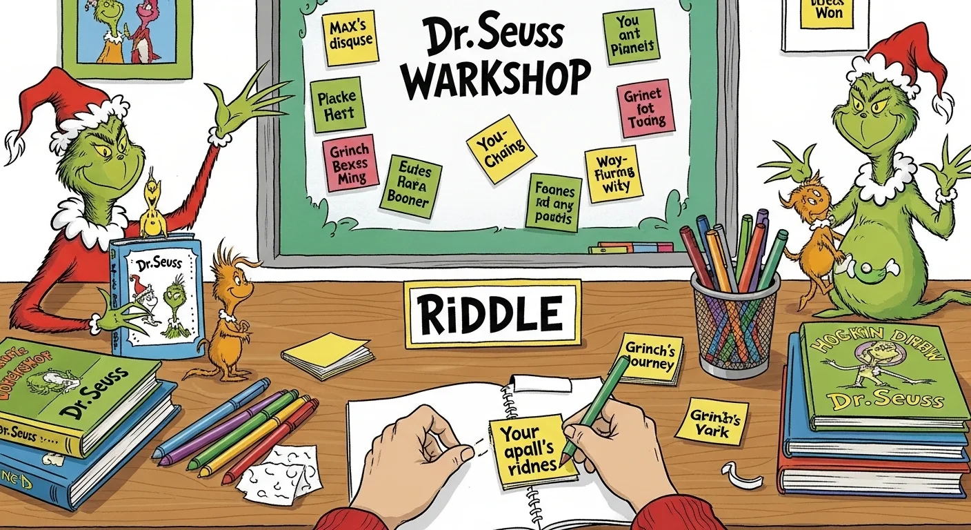 125+ Grinch Riddles with Answers: Festive Brain Teasers for Holiday Fun 5 Dr. Seuss workshop desk with Grinch riddle writing materials and books
