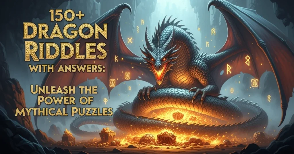 Dragon riddles collection with mystical golden text and fire dragon