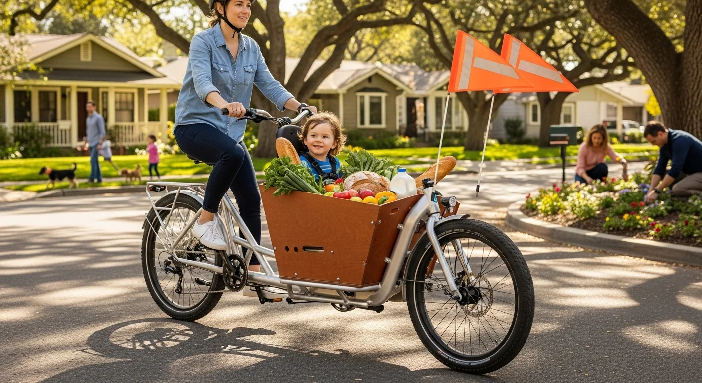 125+ Bicycle Riddles with Answers: A Fun Ride for All Ages 9 Mother riding cargo bike with child and groceries in neighborhood