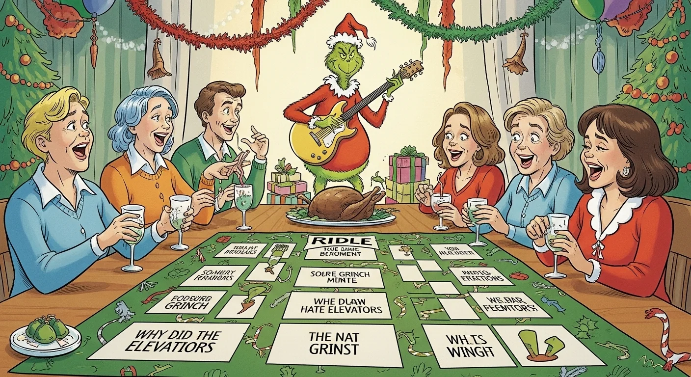 125+ Grinch Riddles with Answers: Festive Brain Teasers for Holiday Fun 2 Family enjoying Christmas dinner with Grinch riddle cards on dining table