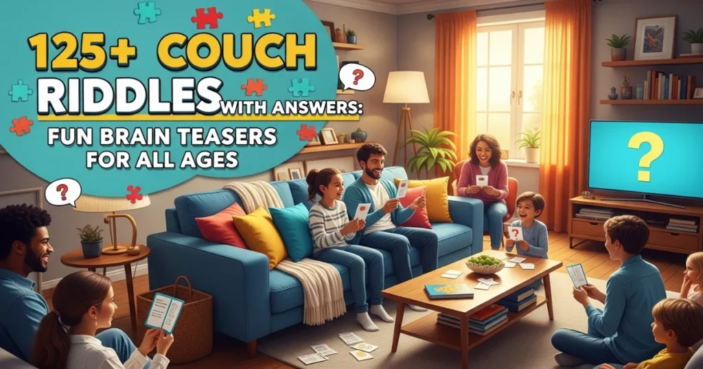 Family enjoying couch riddles and brain teasers in modern living room